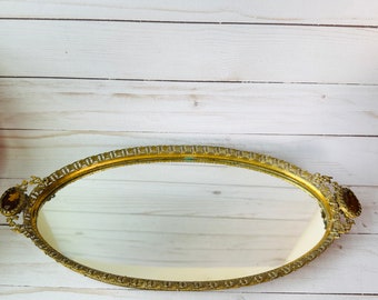 Oval Ormolu Mirrored Vanity Tray- Mirrored Perfume Tray