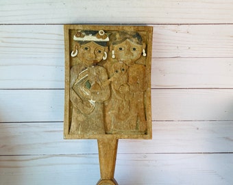 Espejo de maquillaje de mano vintage de madera tallada a mano - Espejo de maquillaje con detalles tallados - Objeto de arte de madera tallada