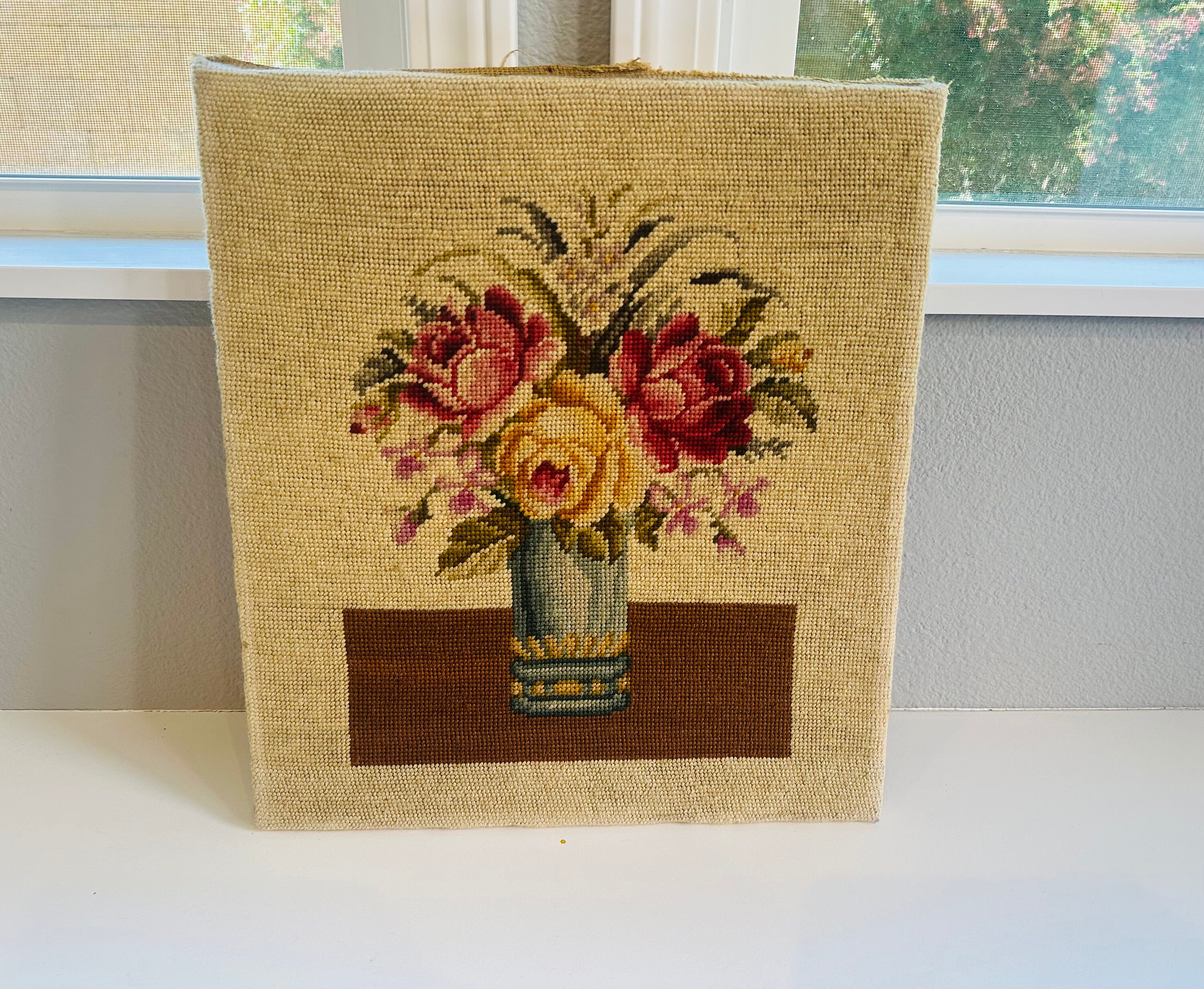 vintage Floral Needlepoint Art - Needlepoint Framed Art