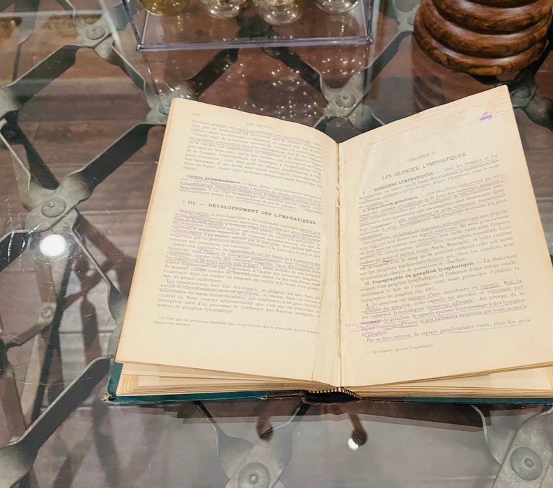 May include: An open book with the title "Les Glandes Lymphatiques" on the right page and "D&eacute;veloppement des Lymphatiques" on the left page. The book is open to a chapter on the lymphatic system.