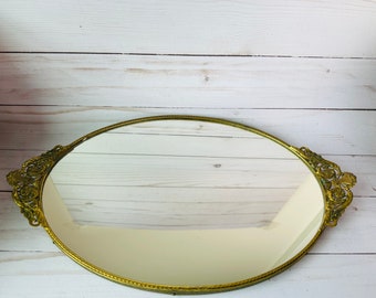 Vintage Oval Gold Mirror Vanity Tray--Mirrored Tray