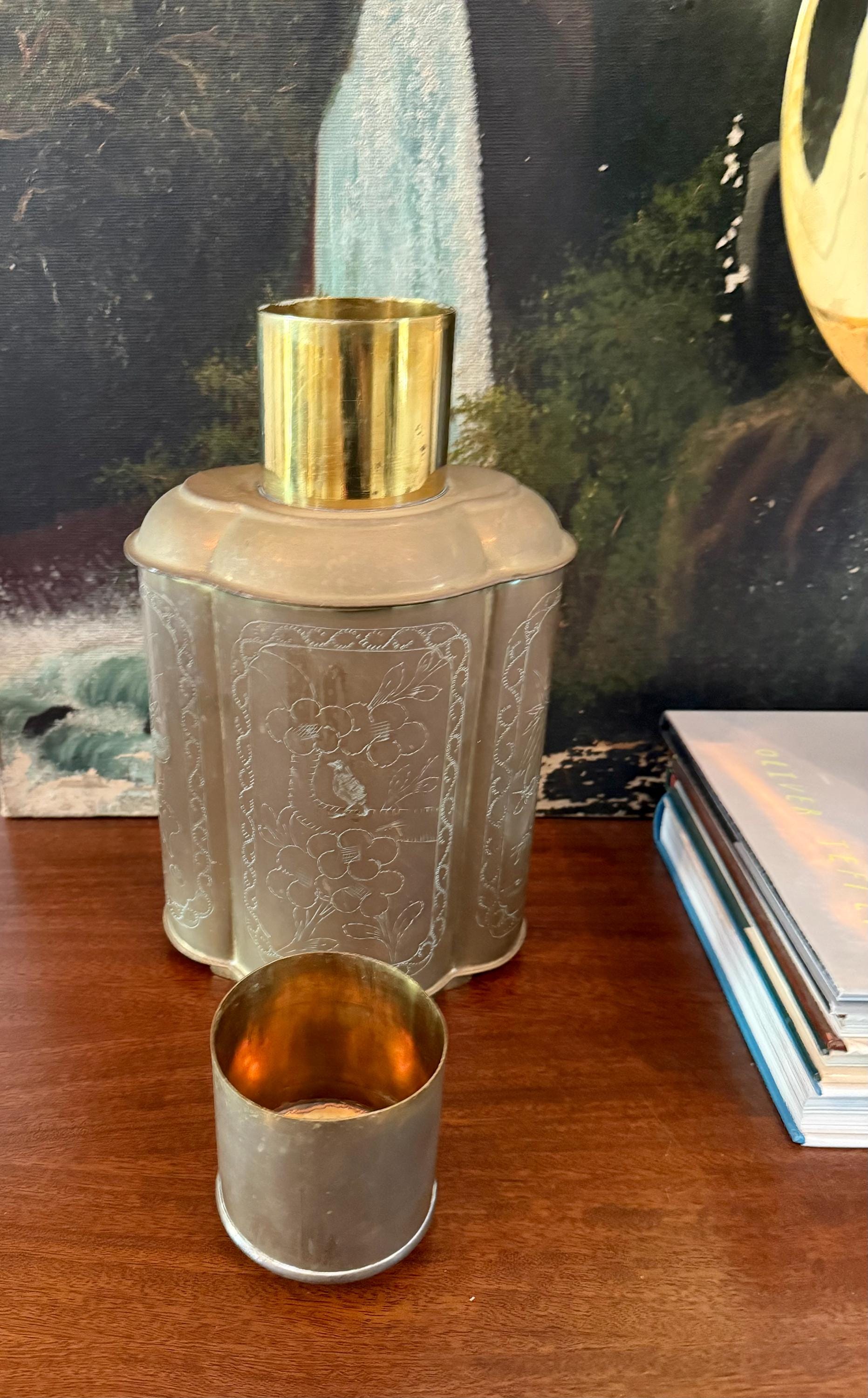 Vintage Brass Tea Caniser--vintage Chinese Etched Brass Canister