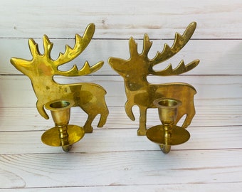 Vintage Pair of Solid Brass Deer Candle Holders