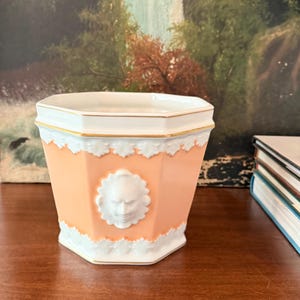 Puede incluir: Un macetero de cerámica blanco y melocotón con un borde dorado y una cara blanca en relieve en la parte delantera. El macetero es octogonal.