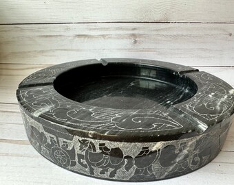 Black Marble Ashtray --Marble Trinket Dish--Marble Ashtray With Etched Horse Drawn Carriage