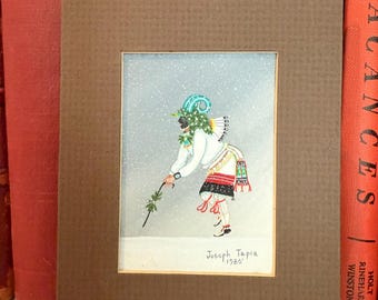 Dipinto vintage di Joseph Tapia, dipinto vintage dei nativi americani, arte vintage dei Pueblo, dipinto vintage dei Pueblo, dipinto dei Pueblo di Tesuque, neve