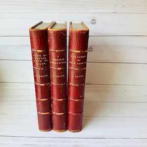 Set of 3 Antique Decorative Books--Antique Charles Reade Books--Antique Red Books--Set Of Marbled Paper Decorative Books