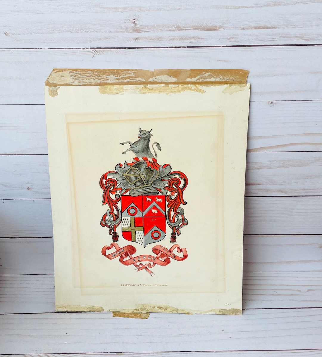 Aquarelle Originale De 1880 - Armoiries Hüetlin Constance - Généalogie - 23,5 X 32 Cm