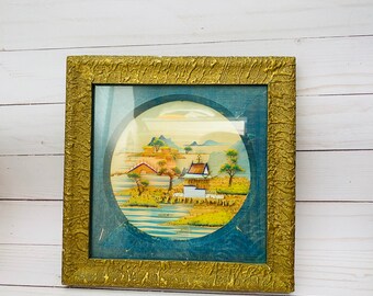 Vintage 3D Asian Cork Carved Painting- Landscape- Chinoiserie