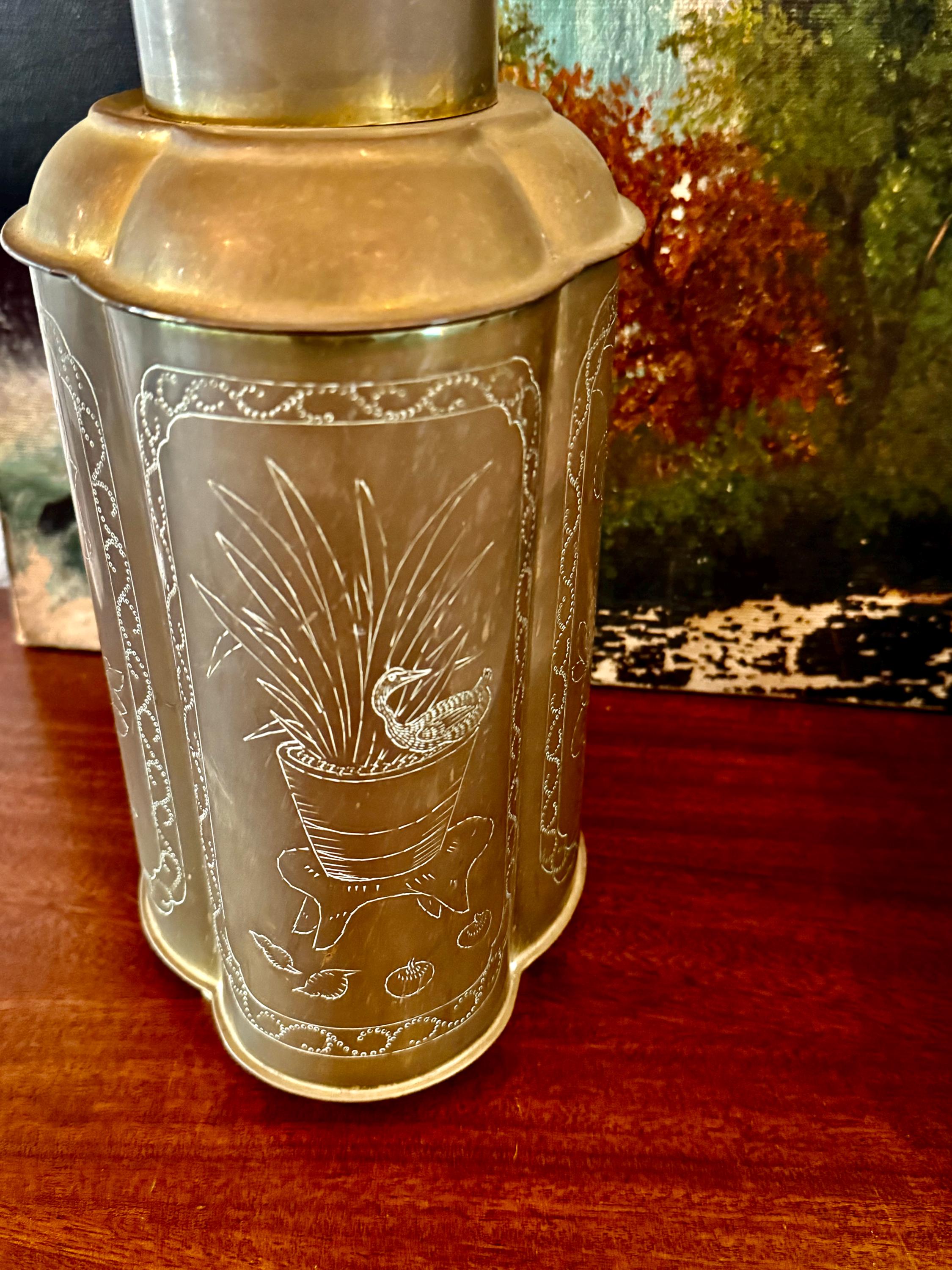 Vintage Brass Tea Caniser--vintage Chinese Etched Brass Canister
