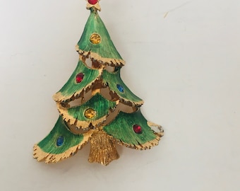 Vintage Multi-Color Rhinestone Christmas Tree Brooch