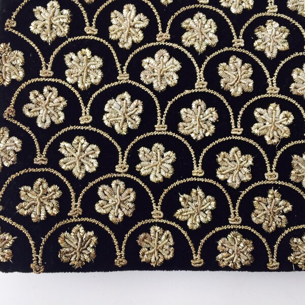 Vintage Velvet Clutch With Metallic Tread Embroidered Flowers