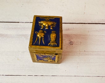 Chinese Export Brass Enamel Postage Stamp Box--Vintage Small Brass Trinket Box--Metal Trinket Box--Enamel Box--Brass Pill Box