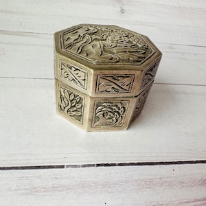 Chinoiserie Trinket Box--Metal Trinket Box--Pewter Trinket Box--Repousee Metal Box