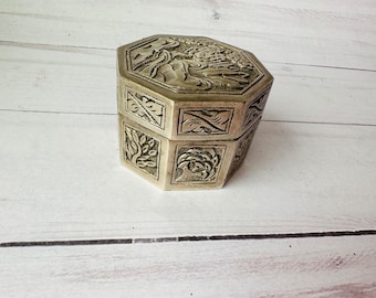 Chinoiserie Trinket Box--Metal Trinket Box--Pewter Trinket Box--Repousee Metal Box