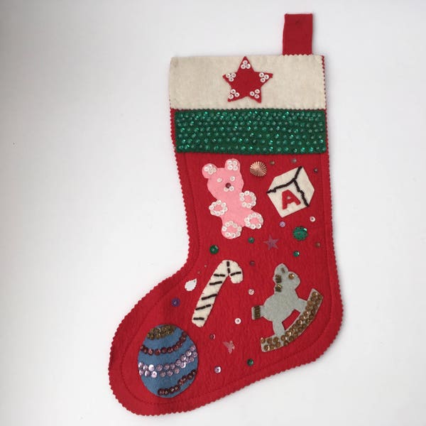 Vintage Handmade Sequin Embellished Felt Christmas Stocking/Vintage Stocking/Handmade Christmas Stocking/Sequins Stocking