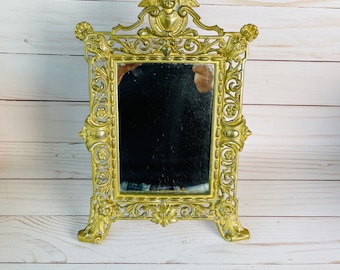 Specchio vintage decorato con cherubini e leoni - Cornice decorata con cherubini