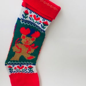 Vintage Machine knitted Teddy Bear & Hearts Christmas Stocking