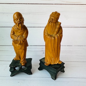 Estatuas asiáticas de madera tallada vintage--Estatuillas japonesas de madera tallada--Estatuas de Chinoiserie