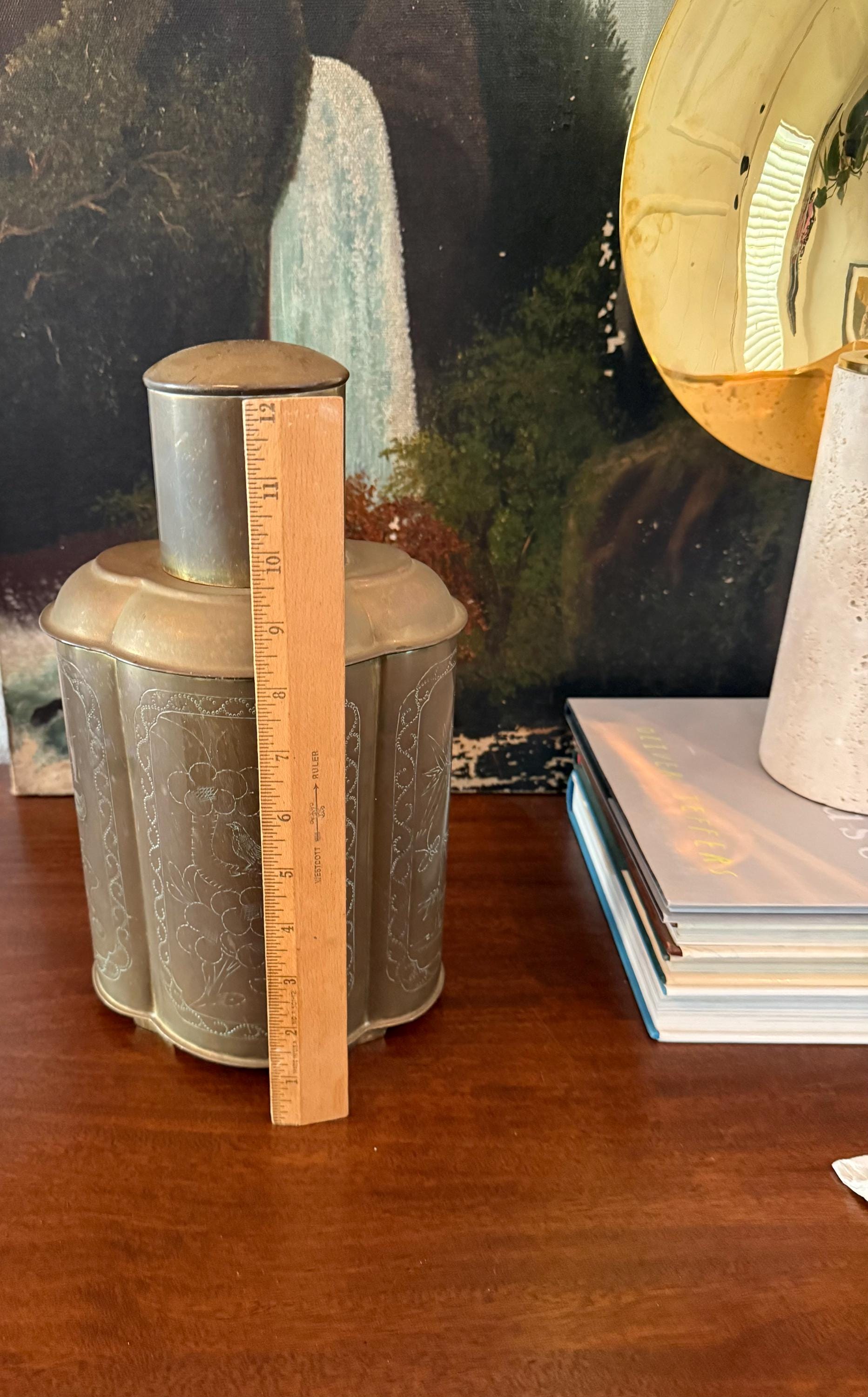 Vintage Brass Tea Caniser--vintage Chinese Etched Brass Canister