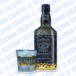 Puede incluir: Una pegatina de una botella de whisky de trucha con un vaso de whisky a su lado. La botella y el vaso están decorados con un patrón de trucha. La etiqueta de la botella dice "Original Trout Whiskey" y "Trout Whiskey".