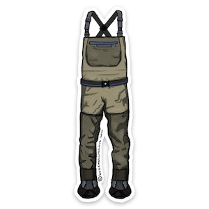 May include: A pair of brown and green waders with black straps and a blue zipper. The waders have a black belt and black boots.