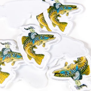 May include: Five embroidered patches featuring a cartoon of a person riding a trout fish. The patches are white with a white border and are made of fabric.