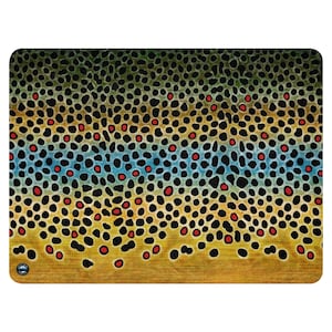 May include: A rectangular mousepad featuring a detailed pattern resembling the skin of a brown trout. The design includes a mix of black, yellow, red, and blue hues, creating a realistic and textured appearance. The mousepad has rounded corners.