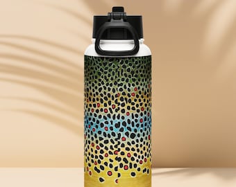 Brown Trout Pattern - Stainless steel water bottle with a straw lid
