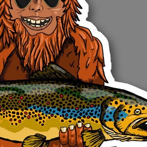 Może przedstawiać: Kresk&oacute;wkowa ilustracja rudego, brodatego mężczyzny w okularach przeciwsłonecznych trzymającego dużą, brązową pstrąga z ż&oacute;łtymi i niebieskimi oznaczeniami.