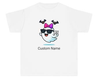 Ghostly Fun Youth Tee with Custom Name, Spooky Shirt, Halloween Costume, Kids Gift, Party Wear, Ghost Graphic Tee