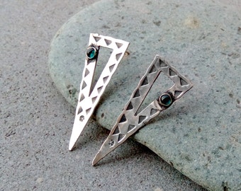 Sterling silver stamped and oxidized stud triangle earrings with corundum cabochons, armenian, rustic, artisan, unique, silversmith, modern