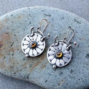 Sterling silver stamped round artisan earrings with yellow corundum gemstone, armenian, silversmith jewelry, summer sun, wheel, gift for her