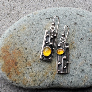 Sterling silver asymmetrical textured earrings with yellow corundum, rustic, silversmith jewelry, boho, artisan, tree bark, gift for mom