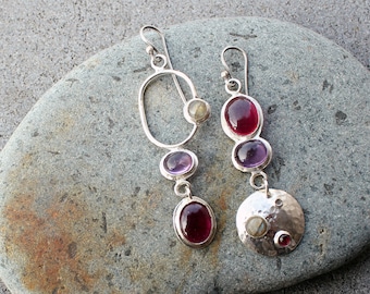 Sterling silver long earrings with dark pink and purple corundum, labradorite, garnet gemstones, armenian, silversmith artisan, gift for her