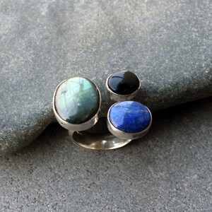 Sterling silver cocktail 3 stone big ring with labradorite, lapis lazuli and black onyx gemstones, armenian, silversmith, multistone ring