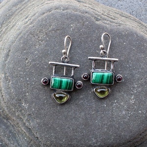 Sterling silver earrings with green malachite, yellow corundum, red garnet gemstones, armenian, rustic, silversmith, artisan, gift for her