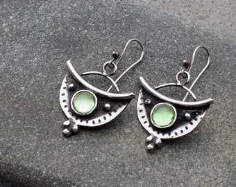 Sterling silver oxidised silversmith earrings with light green corundum gemstone, armenian, half moon, artisan, old fashion, rustic, for her