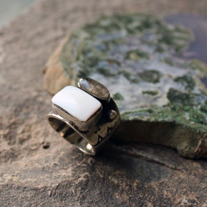 Sterling silver stamped oxidized wide band Armenian ring with white mother of pearls and grey topaz, rustic, silversmith, chunky, for her image 1