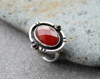 Sterling silver oxidized hammered Armenian ring with natural orange faceted carnelian, red garnet gemstone, gift for her, metalsmith, chunky