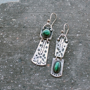 Sterling silver asymmetric earrings with green malachite gemstone, Armenian, rustic, artisan, unique, modern, nature, silversmith, for her image 1