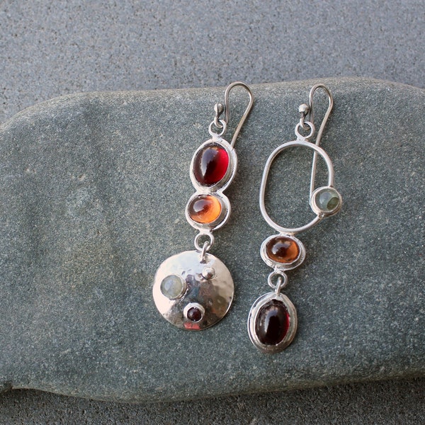 Sterling silver long earrings with red and orange corundums, labradorite and garnet gemstones, armenian, silversmith, artisan, gift for her