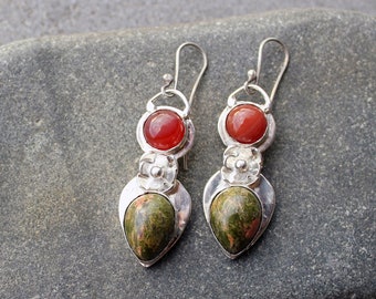 Sterling silver earrings with flower, natural green unakite and orange carnelian, artisan, unique, silversmith, bohemian, gift for her