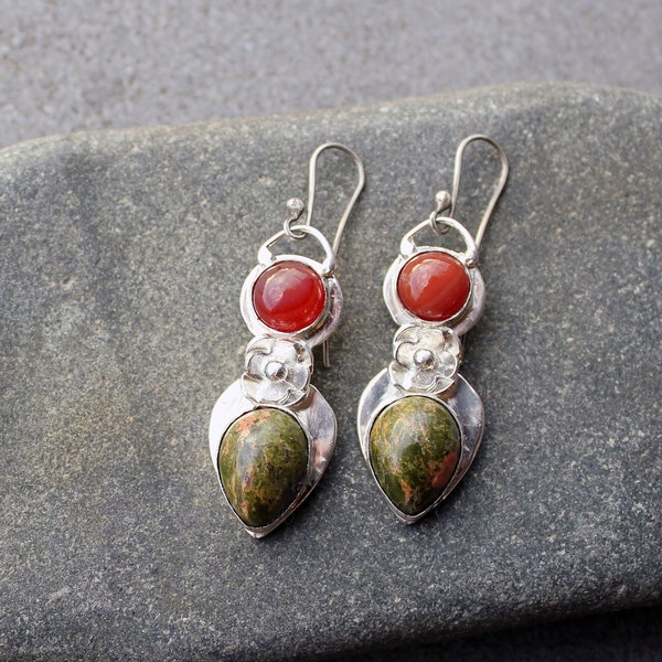Sterling silver earrings with flower, natural green unakite and orange carnelian, artisan, unique, silversmith, bohemian, gift for her