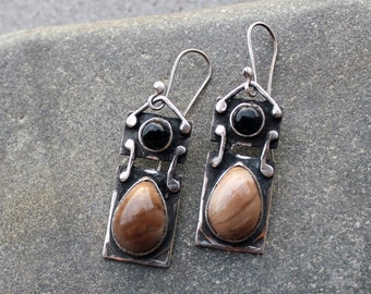 Sterling silver Armenian stamped earrings with brown petrified wood and black onyx, rustic, silversmith, rectangle, artisan, gift for her