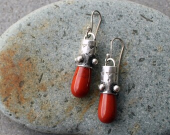 Sterling silver stamped oxidized cylindrical long Armenian earrings with orange jasper, rustic, ethnic, whimsy, artisan, gift for her