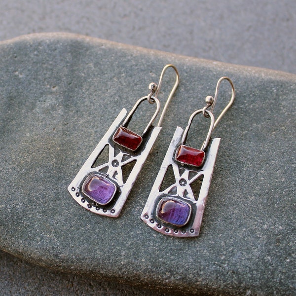 Sterling silver stamped oxidized metalsmith earrings with dark pink and purple corundum, Armenian, rustic, silversmith, artisan, for her