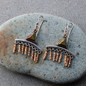 Sterling silver Armenian earrings with green unakite jasper, yellow quartz and orange garnet tiny faceted bead fringes, artisan, for her