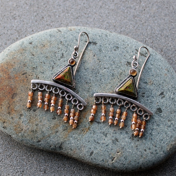 Sterling silver Armenian earrings with green unakite jasper, yellow quartz and orange garnet tiny faceted bead fringes, artisan, for her