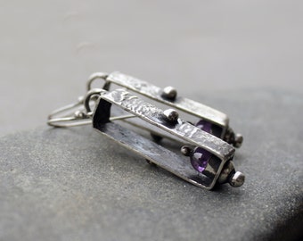 Sterling silver reticulated oxidized earrings with natural purple zircon bead, artisan, armenian, silversmith, boho, whimsy, graduation gift